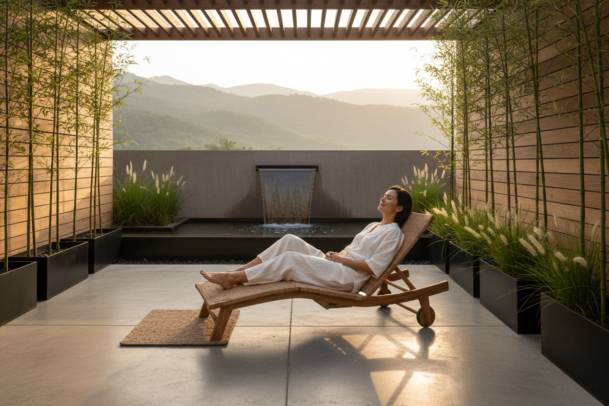 Person relaxing in modern outdoor wellness space