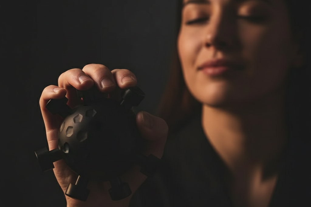 Person using grip ball finger trainer with proper technique in moody setting