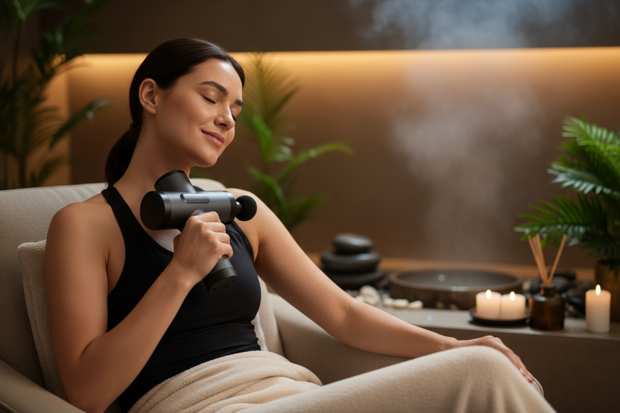 reliefed person with a massage gun and relaxing